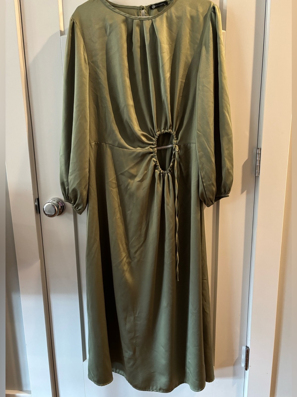 Olive Green Long Sleeve Midi Dress with Front Cutout Tie
